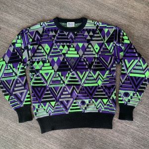 Meister Vintage 80s Multicolor Geometric Large Wool Blend Ski Pullover Sweater